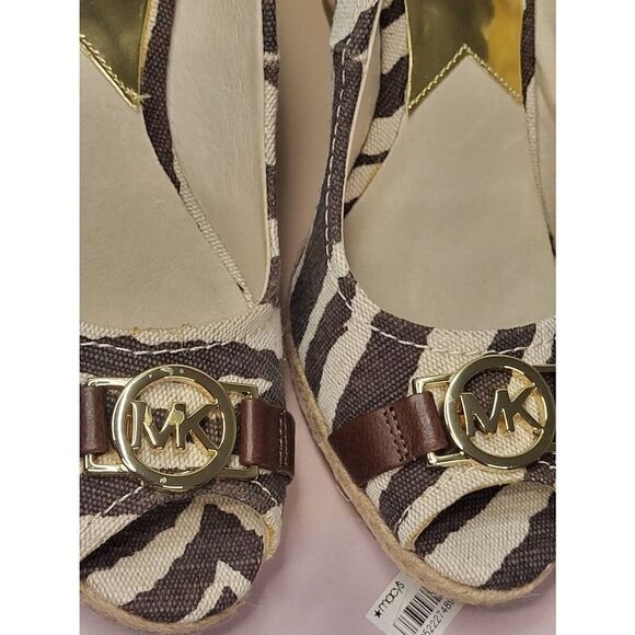 Michael Kors Brown Tan Tiger Print Espadrille Peep Toe Wedges Size 9M New In Box - Picture 8 of 12